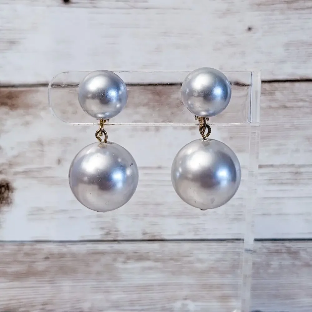 Vintage Clip On Earrings - Metallic Silver Tone Duo Ball Dangle